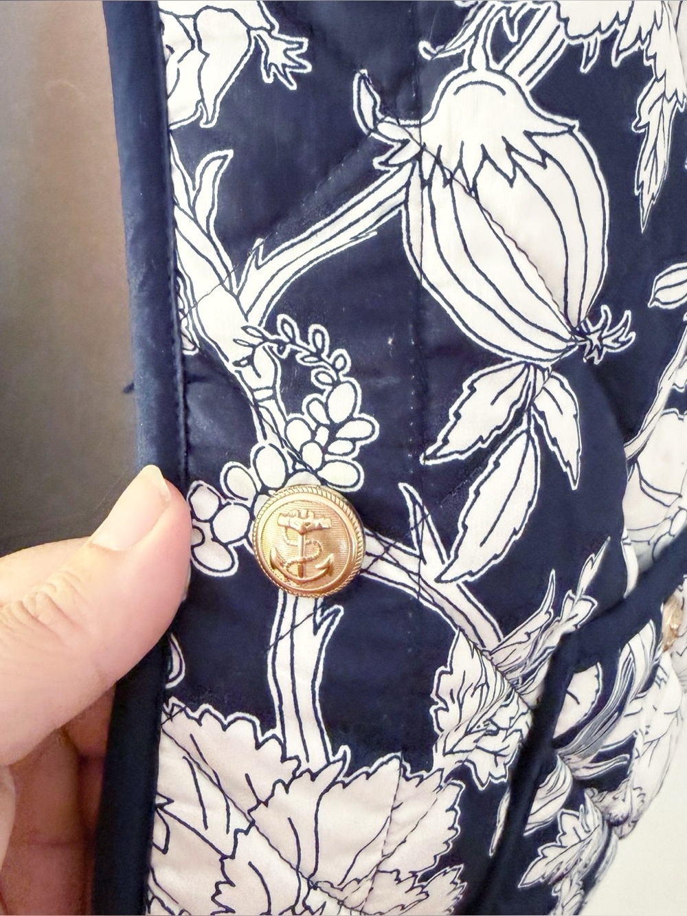 Time & Tru Women 100% Cotton Floral Quilted Jacket XXL Navy Blue Coastal Casual - Picture 3 of 10